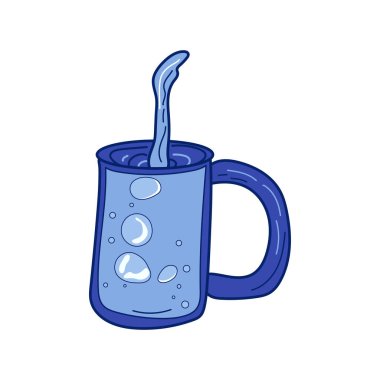 Düz dizaynlı, sıvı dökülmüş su bardağı. Islak akan bir içecek. Vektör çizimi izole edildi.