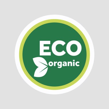 Düz dizaynlı çevre dostu çıkartma. Organik ekolojik yeşil amblem. Vektör çizimi izole edildi.