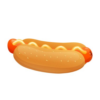 Düz dizaynlı sosisli sandviç. Ekmek, sosis ve hardallı fast food yemeği. Vektör çizimi izole edildi.