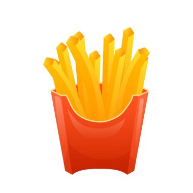 Düz dizaynlı patates kızartması. Paketlenmiş sağlıksız fast food patates yemeği. Vektör çizimi izole edildi.