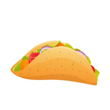 Düz dizaynlı taco. Et ve sebzeli Meksika fast food yemeği. Vektör çizimi izole edildi.