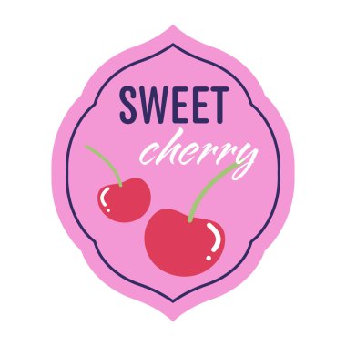 Düz dizaynlı vişneli meyve etiketi. Meyveli paket etiketi. Vektör çizimi izole edildi.