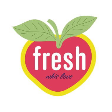 Düz dizaynlı taze meyve etiketi. Apple biçimli ürün paketi etiketi. Vektör çizimi izole edildi.