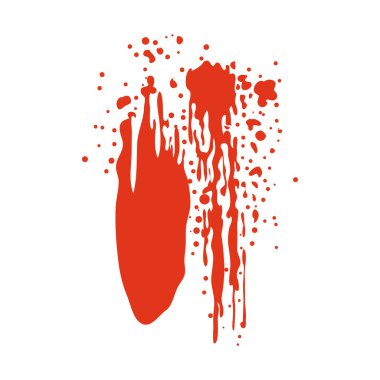 Grunge, düz dizaynlı kırmızı kan sıçraması. Eriyen damlalarla akan leke. Vektör çizimi izole edildi.