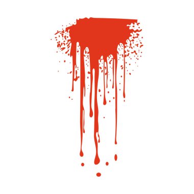 Grunge, düz dizaynlı kırmızı kan sıçraması. Dökülen damlalarla dolu berbat bir yer. Vektör çizimi izole edildi.