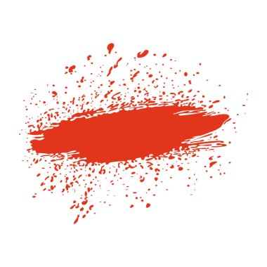 Grunge, düz dizaynlı kırmızı kan sıçraması. Dramatik kanlı boya fırçası lekesi. Vektör çizimi izole edildi.