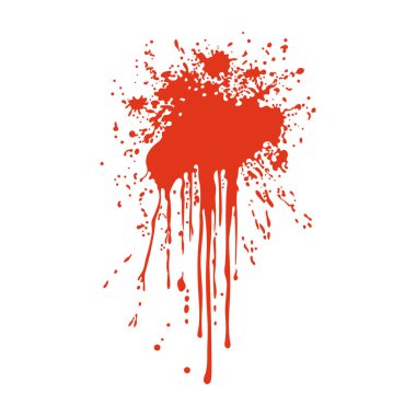 Grunge, düz dizaynlı kırmızı kan sıçraması. Damlaları akan lekeler. Vektör çizimi izole edildi.