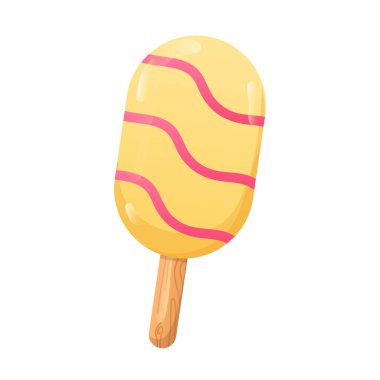Düz dizaynlı dondurma. Çubukta beyaz çikolata kremalı soğuk tatlı. Vektör çizimi izole edildi.