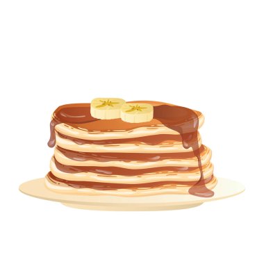 Düz dizaynlı akçaağaç şuruplu gözleme. Muz dilimli sabah pastası. Vektör çizimi izole edildi.