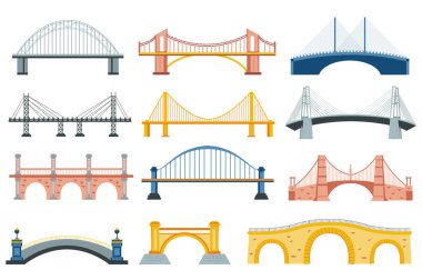 Düz grafik tasarımlı köprüler. Yaya köprüsü, nehir, su, demiryolu ve diğer mimari yapılardan oluşan metal ve beton mühendislik yapılarının koleksiyonu. Vektör illüstrasyonu.
