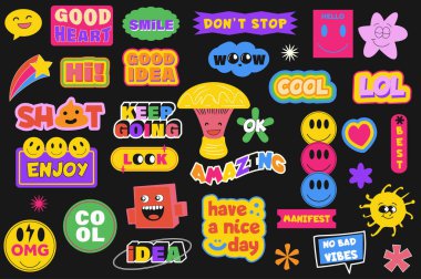 Düz grafik tasarımlı el yapımı eğlenceli çıkartmalar. Şirin karalama şablonlarının koleksiyon unsurları. Harika karakterler ve 