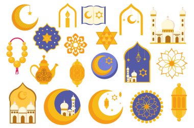 Ramazan Kareem düz grafik tasarımı ile ayarlandı. Hilal, yıldız, mum, Kur 'an kitabı, cami, çiçekler, çaydanlık, pencereler, fenerler ve diğer İslam bayramı işaretleri koleksiyonu. Vektör illüstrasyonu.