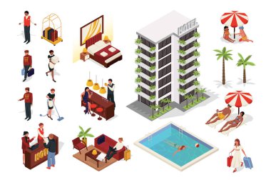 Otel servisi 3d izometrik mega düz dizayn. Binanın, dairenin, yatak odasının, resepsiyonun, havuzun, yöneticinin, hizmetçinin, müşterisinin, diğer şeylerin izometri öğeleri. Vektör illüstrasyonu.
