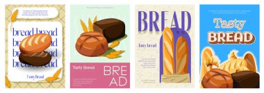 Reklam tasarımı için ekmek kapağı tipografi şablonu. Yemek posterleri ve tebrik kartları, bir somun taze ekmek, çörek ve baget, fırın ürünü menüsü, dükkânda çeşitlilik. Vektör illüstrasyonu.