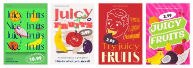 Sulu meyveler reklam tasarımı için tipografi şablonunu kapsıyor. İçinde tropikal ejderha meyvesi, muz, elma, erik, hindistan cevizi, portakal, limon ve diğer şeylerin olduğu afişler ve tebrik kartları. Vektör illüstrasyonu.