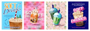 Yumuşak içecekler reklam tasarımı için tipografi şablonunu kapsıyor. Yemek posterleri ve soğuk içeceklerle dolu tebrik kartları. Saman, mojito ve buzlu sulu kokteyller. Vektör illüstrasyonu.