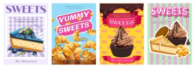 Sweets reklam tasarımı için tipografi şablonunu kapsıyor. Yemek posterleri ve içinde pastalar, peynirli kekler, kruvasanlar, çikolatalı kekler ve diğer tatlılar olan tebrik kartları. Vektör illüstrasyonu.
