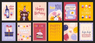 Doğum günü partisi posterler ve baskılar için tipografi şablonu hazırlıyor. Şampanya, mutlu ayı, çiçek buketi, tebrik mesajı, kek, hediye, pasta ile hazırlanmış minimalist pankartlar. Vektör illüstrasyonu.