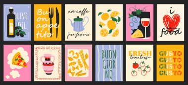 Afişler ve baskılar için yemek kapağı tipografi şablonu hazırlıyorum. Zeytin yağı, limon, kahve, şarap, pizza, İtalyan makarnası, domates, mutfak gereçleri, kafe menüsü ile hazırlanmış minimalist afişler. Vektör illüstrasyonu.