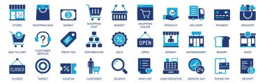 Alış veriş simgesi düz duoton katı ikon web tasarımı ile ayarlandı. Dükkan, çanta, para, el arabası, ürün, teslimat, ödeme, market, müşteri hizmetleri, fiyat etiketi, diğerleri ile birlikte resim tomogramları paketleyin. Görüntü.