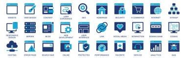 Web sitesi simgesi düz duotone katı ikon web tasarımı ile ayarlandı. İçeriği, kullanıcı deneyimi, seo, anasayfası, güvenliği, ekommerce, internet, sunucu, blog, link, diğer içerikleri içeren resim grafiklerini paketle. Görüntü.