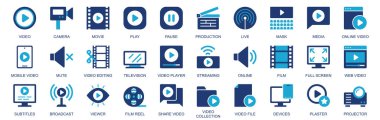 Düz duoton simge web tasarımı ile video simgesi ayarlandı. Kamera, film, oyun, duraklama, prodüksiyon, canlı, medya, dilsiz, kurgu, televizyon, akış, film, diğerleri ile birlikte resim çektir. Görüntü.