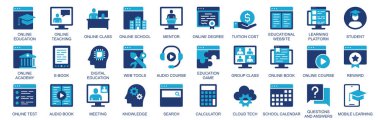 Çevrimiçi eğitim ikonu düz duotone katı ikonlar web tasarımı ile ayarlandı. İçinde öğretmenlik, sınıf, okul, akıl hocası, öğretmen maliyeti, eğitim, öğrenme platformu, öğrenci ve diğerleri olan resimli grafikleri paketleyin. Görüntü.