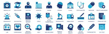 Tıbbi simge düz duoton katı ikon web tasarımı ile ayarlandı. Piktogramları sağlık, doktor, hastane, hemşire, hasta, klinik, ilaç, sağlık, sigorta, acil durum, diğer şeylerle doldurun. Görüntü.