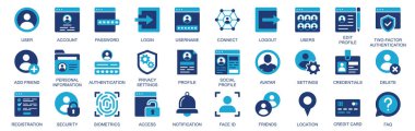 Kullanıcı hesap simgesi düz duotone katı simge web tasarımı ile ayarlandı. Piktogramları parola, giriş, kullanıcı adı, bağlantı, düzenleme, profil, iki faktör yetkilendirmesi, arkadaş ekle, diğer. Görüntü.