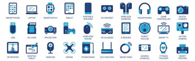 Düz duoton katı ikonlar web tasarımında teknik aygıtlar simgesi oluşturuldu. Akıllı telefon, dizüstü bilgisayar, akıllı sepet, tablet, taşınabilir hoparlör, video kulaklık, kablosuz kulaklık ve diğerleri. Görüntü.