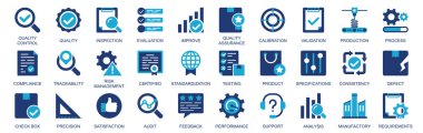 Düz duoton katı ikonlar web tasarımı ile kalite kontrol simgesi ayarlandı. Teftiş, değerlendirme, güvence, kalibrasyon, doğrulama, üretim, denetim, iltica, diğerleri ile birlikte resimli grafikleri paketleyin. Görüntü.