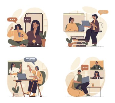 Düz web dizaynında video sohbet konsepti sahneleri. Çevrimiçi bağlanma durumundaki insanlar ve zoom y mobil uygulama veya dizüstü bilgisayar, arkadaşlarıyla konuşuyor. Vektör illüstrasyonları.