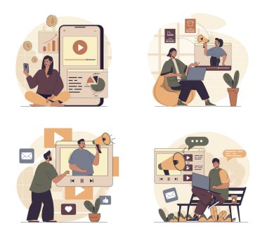 Düz web tasarımında video pazarlama konsepti sahneleri. Viral içerik yaratma, çevrimiçi reklam yapma ve veri analizi yapma durumundaki insanlar yeni takipçiler çekiyor. Vektör illüstrasyonları.