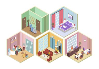 Web için izometri grafik tasarımında Hotel 3d izometrik oda kavramı. Resepsiyonda kayıt yaptıranlar, bekleme salonunda bekleyen turistler, restoranda yemek yiyenler, misafir olarak yatak odaları. Vektör illüstrasyonu.