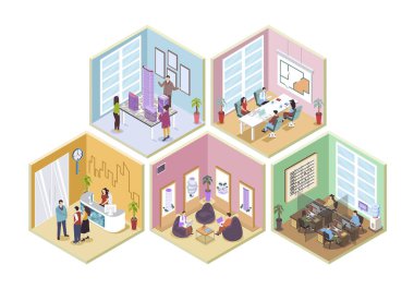 İzometri grafik tasarımında web için 3d izometrik oda kavramı. Ofiste ve satış departmanında çalışan insanlar, mimari projeler, emlakçı müşteriler. Vektör illüstrasyonu.