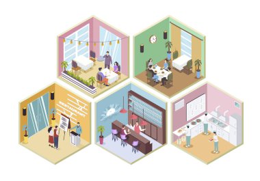 İnternet için izometri grafik tasarımında 3d izometrik oda konsepti. İnsanlar resepsiyonda bekliyor, yemek salonunda ya da barda masalarda oturuyorlar, randevudaki çiftler, mutfakta çalışanlar. Vektör illüstrasyonu.