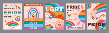 Lgbt tipografi şablon posterleri. Renkli gökkuşağı bayraklı dikey kapaklar, gurur dolu ay festivali tabelası, aşk ve özgürlük hakları etkinliği. Minimalizm tasarımı üzerine kurulmuş modern pankartlar. Vektör illüstrasyonu.