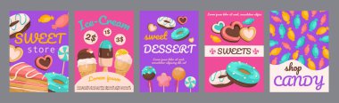 Şekerler tipografi şablon posterlerini saklar. Kremalı kurabiyeler, dondurma, lolipoplar, kekler, lezzetli tatlılar ve hamur işleri ile dikey örtüler. Minimalizm tasarımı üzerine kurulmuş modern pankartlar. Vektör illüstrasyonu.