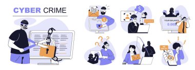 Siber suç konsepti düz web dizaynında ayarlandı. Veri çalmaktan, kredi kartlarını hacklemekten, şifreleri çalmaktan, hackerların saldırısından ve internetten casusluk yapmaktan muzdarip insanlar. Vektör illüstrasyonları.