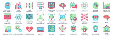 Artificial intelligence icon set in flat color icons web design. Pack pictograms with data science, deep learning, algorithm, computer vision, chatbot, automation, network, other. Vector illustration.