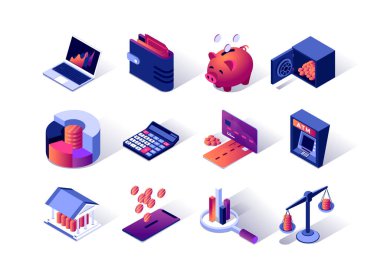 Financial management isometric icons set. Credit card, ATM terminal, wallet, piggy bank, calculator and bank safe. Money saving, banking and investment, calculation 3d isometry illustration.