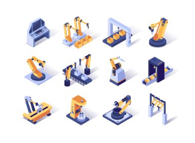 Robotization industry isometric icons set. Automatic equipment, production line manufacturer factory. Robotic arms for conveyor 3d isometry illustration. Programming welding and manipulating robots