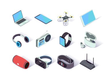 Devices and gadgets isometric icons set. Smartphone, laptop, headphones, quadcopter drone, smartwatch, fitness tracker, router, vr goggles. Digital technology and smart 3d isometry illustration.
