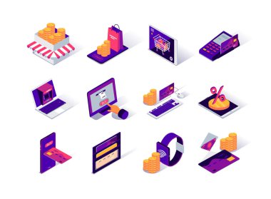 Ecommerce platform isometric icons set. Online banking and money transfer, ecommerce website service. Payment by smartphone, smartwatch, laptop and atm terminal. 3d isometry illustration.