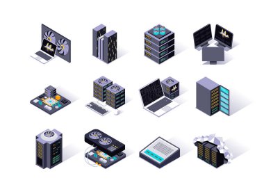 Data center isometric icons set. Servers equipment, mining station, super computer and network routers. Computer technology, cloud network and database platform, hosting 3d isometry illustration.