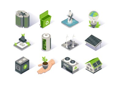 Clean energy isometric icon set. Ecology environment and electricity generation. Alternative sources, wind and solar energy production, tidal power station. Renewable energy 3d isometry illustration.