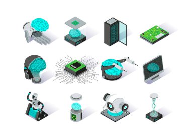 Artificial intelligence isometric icons set. Deep learning modern technology pictograms. Futuristic cyber innovation and brain engineering. Machine learning and neural 3d isometry illustration.