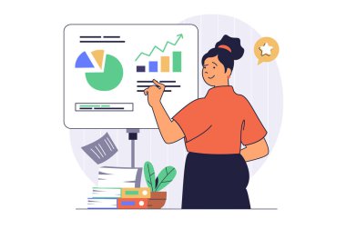 Çizgi film insanlarının internet için düz dizayn ettiği iş aktiviteleri konsepti. İş kadını şirket verilerini finansal büyüme eğilimi, yatırım ve hedeflere ulaşma ile analiz ediyor. Vektör illüstrasyonu.