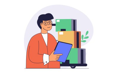Çizgi filmlerdeki insanların internet için düz dizayn edildiği servis konsepti. Lojistik şirketinde çalışan, paket teslimatlarını yöneten, posta paketlerini terminalde saklayan bir adam. Vektör illüstrasyonu.