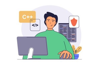 Çizgi film insanlarının web için düz tasarım geliştirme konsepti. İnsan geliştirici programlama ve kodlama uygulamaları, güvenlik duvarı ve güvenlik programları kullanarak, iş yerinde iş görevleri yaparak. Vektör illüstrasyonu.